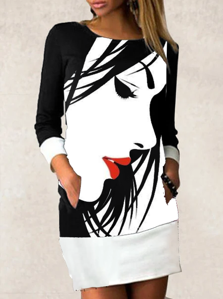 

Astratto 3/4 Manica Misto Cotone Vintage Abito, Nero-bianco, Casual Dresses