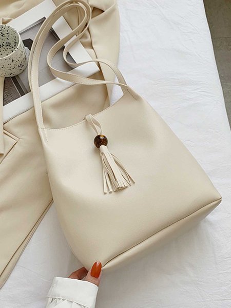 Large Capacity Tassel Bucket Bag, Beige, Bags