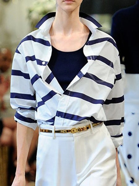 

Stripes Shirt Collar Long Sleeve Casual Shirt, White, Blouses and Shirts
