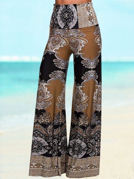 

Vintage Tribal Geometric Floral Printed Plus Size Casual Pants, Multicolor, Pants