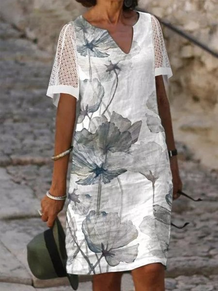 

Vintage Stampata Floreale Pizzo Maniche Corte Scollo a V taglia grande Gonna Casuale, Bianco, Linen & Cotton Dresses