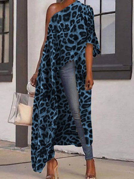 

Holiday Printed Leopard Half Sleeve Top, Blue, Blouses and Shirts