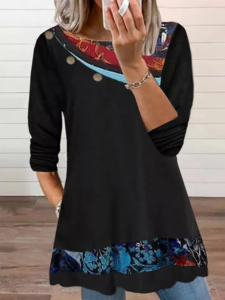 

Plus size Printed Casual Long Sleeve Shirts & Tops, Black, Blouses & Shirts