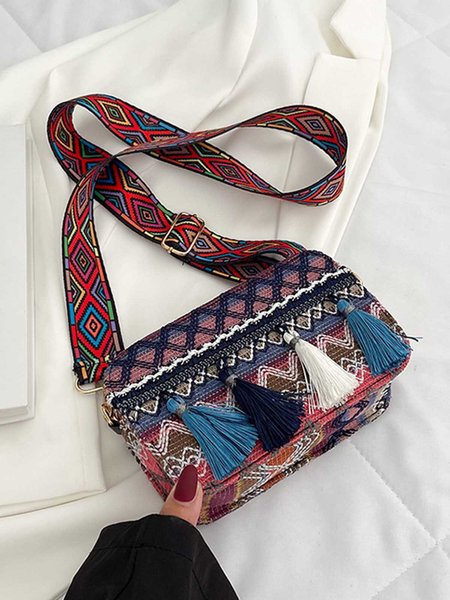 

Ethnic Pattern Fringe Pendant Diagonal Bag, Blue, Bags