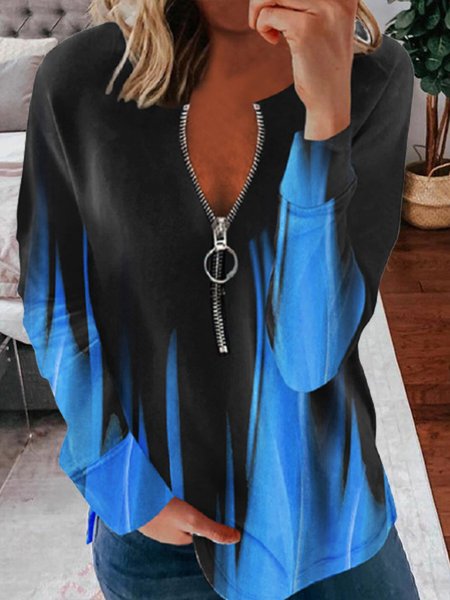 

Blu Multicolore Stampato Dritto Casuale Maniche Lunghe Camicie & Top, Blouses & Shirts