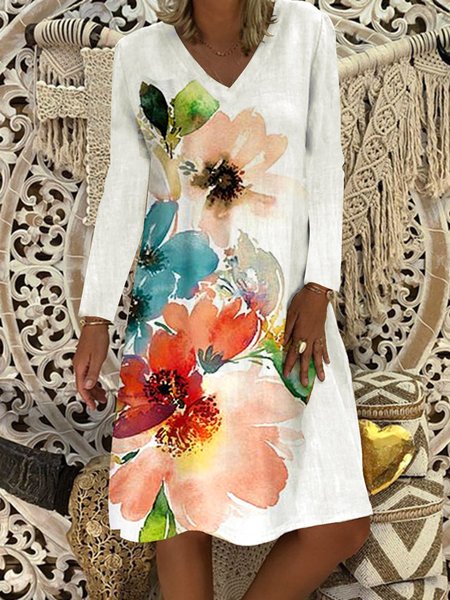 

Boho V Neck Floral-Print Long Sleeve Dresses, White, Floral Dresses