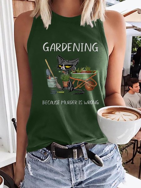 

Gardening Because Murder Is Wrong Funny Cat Graphic Tank Top, Dark green, Tank Tops