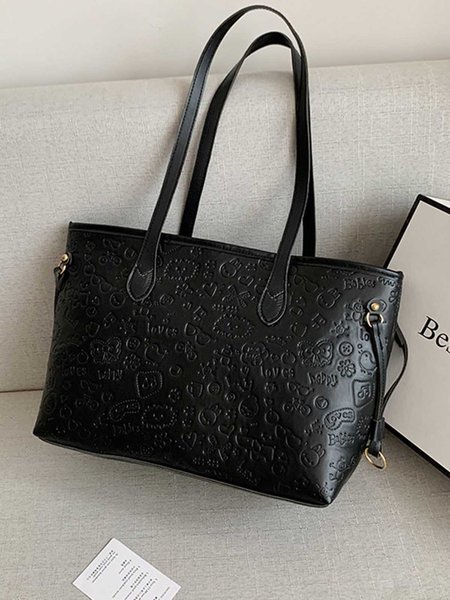 

Cartoon Embossed Tote Bag, Black, Women's Bags