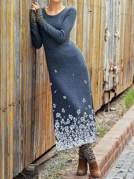 

Cotton-Blend Long Sleeve Floral Casual Dresses, Blue, Maxi Dresses