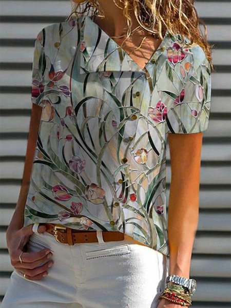 

Women's Short Sleeve Shirt All Season Floral Asymmetrical Neck Going Out Vacation Top Multicolor, Shirts & Blouses