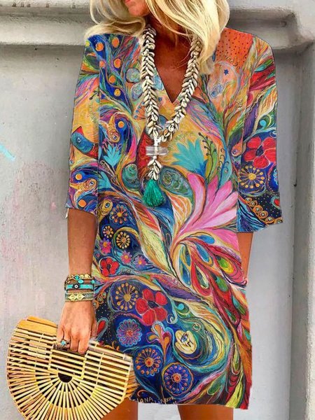 

3/4 Sleeve Casual V Neck Animal Dresses, As picture, Tie dye dress