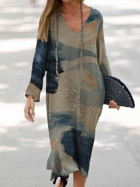 

Boho Shift Cotton-Blend V Neck Dresses, Khaki, Tie dye dress