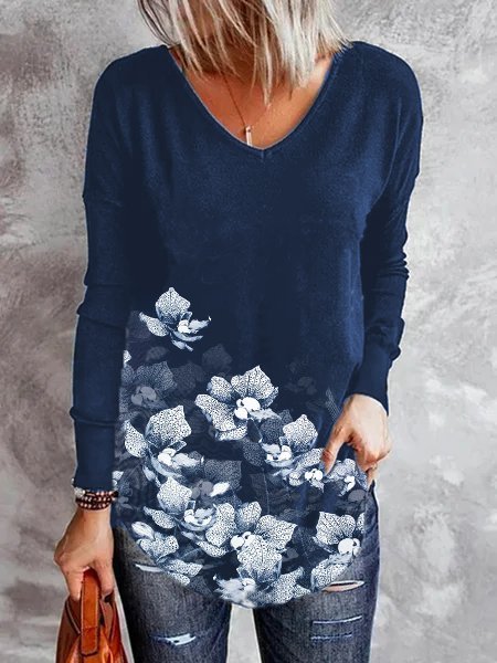 

Cotton-Blend Long Sleeve Casual Shirts & Tops, Blue, Long sleeve tops