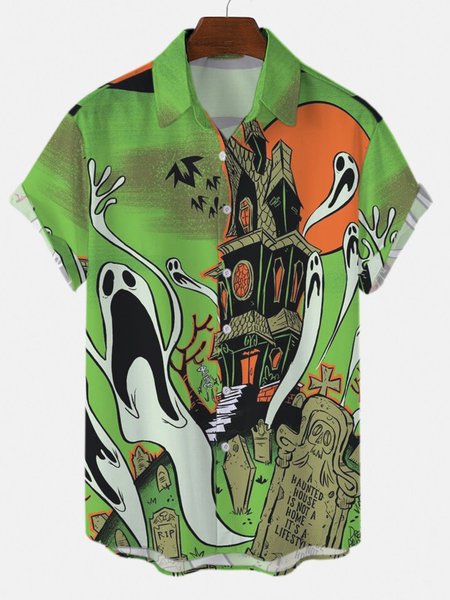 

Halloween Shirt Collar Shirts & Tops, Green, Short Sleeves Shirts
