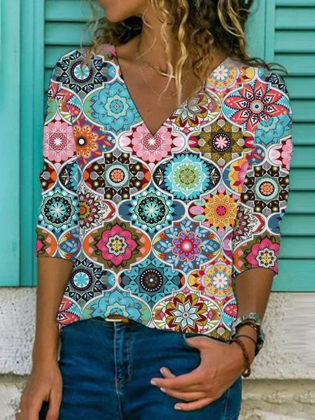 

Bohemian Misto Cotone Top, Multicolore, T-Shirts