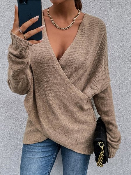 

Maglione Casuale Solido Scollo a V Maniche Lunghe, Cachi, Sweater