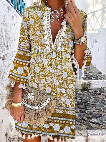 

Vacanza Cotone Scollo a V Abito, Giallo, Midi Dresses