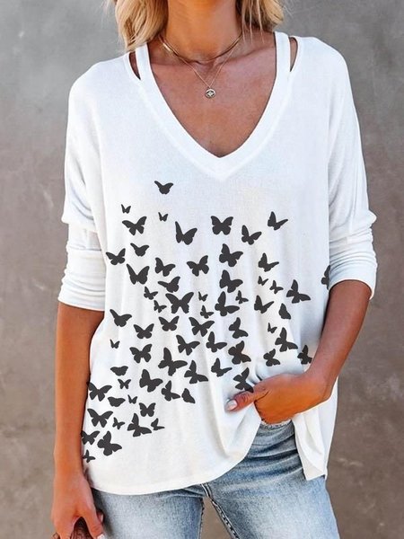 

Casual Shift Butterfly Long Sleeve Shirts & Tops, White, Blouses & Shirts