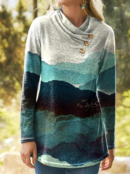 

Landscape Art Printed Button Casual Womens Tops, Gray, Long sleeve tops