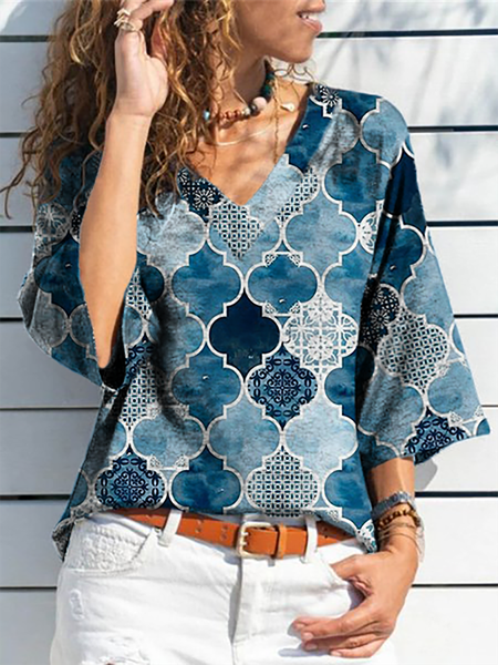 

Plus size Geometric Printed T-shirt, Blue, Blouses & Shirts