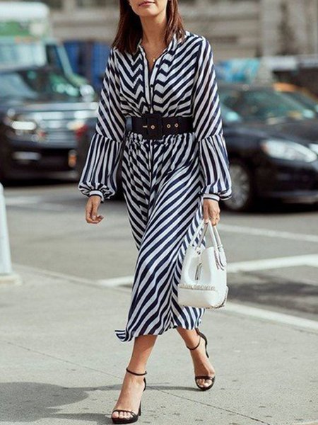 

Elegant Stripes Long Sleeve Dress, As picture, Midi Dresses