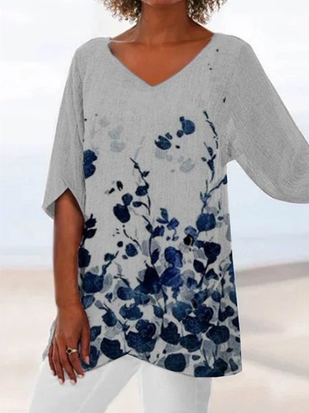 

Vacanza Scollo a V Floreale A-line Top, Grigio, T-Shirts