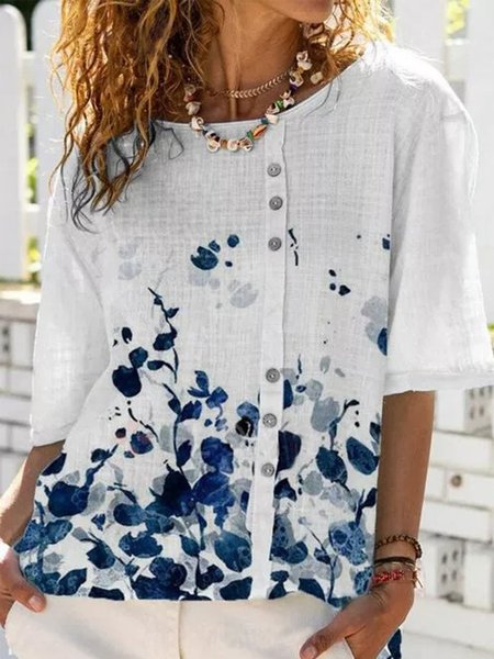 

Simple Long Sleeve Printed Round Neck Tops, White, Blouses & Shirts