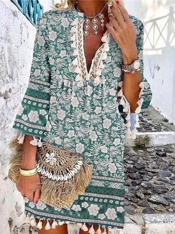 Vacanza Cotone Scollo a V Abito, Acqua, Midi Dresses