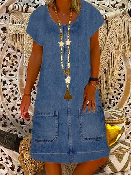 

Denim Crew Neck Casual Dresses, Blue, Dresses
