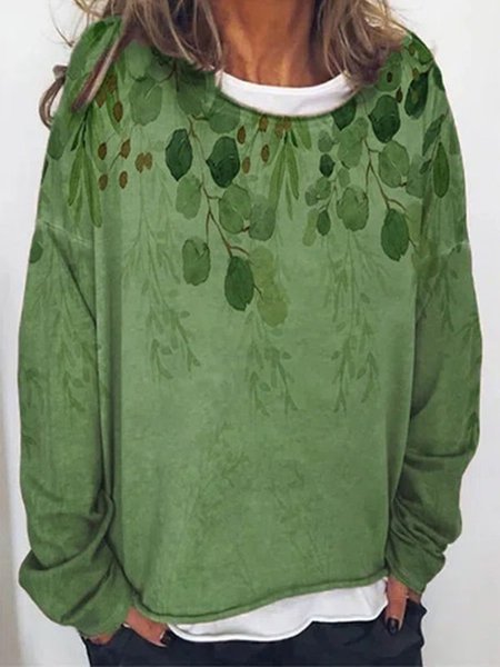 

Green Leaves Printed Casual Long Sleeve Round Neck Shift Shirts & Tops, Blouses & Shirts
