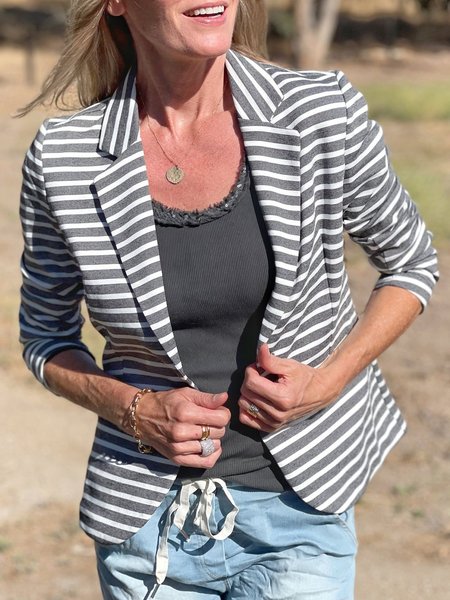 

Casual Holiday Striped Long Sleeve Lapel Outerwear, Gray, Outerwear