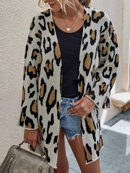 

Leopard Long Sleeve Shift Casual Outerwear, Cardigans