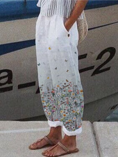 

Casuale Stampata Floreale Pantaloni, Bianco, Pants