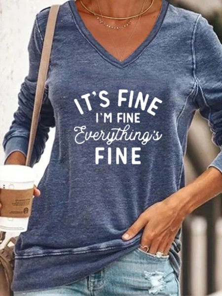 

Maniche Lunghe Scollo a V taglia grande Stampato Top Maglietta, Blu, T-Shirts
