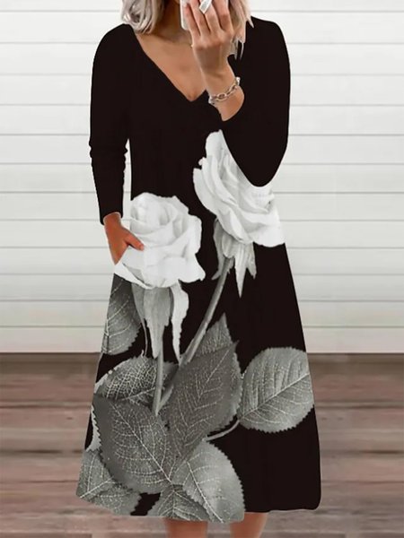 

Abito Casuale Floreale Misto Cotone, Nero, Midi Dresses