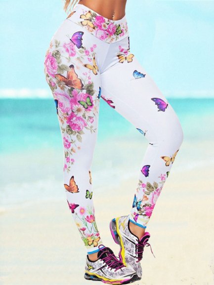 

Vintage Multicolor Butterfly Floral Printed Plus Size Casual Leggings, Leggings