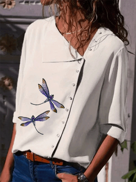 

Stampato Maniche Lunghe Scollo a V Casuale Top, Bianco, T-Shirts