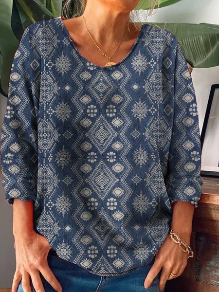 Cotton-Blend Long Sleeve Tops, Blue, Blouses & Shirts