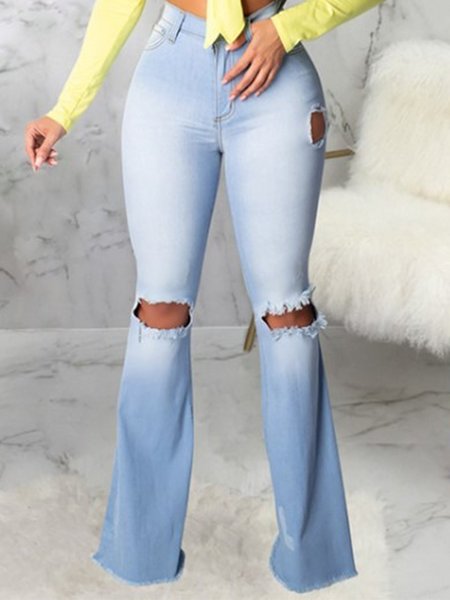 

Vintage Solid Denim Ripped Plus Size Casual Jeans, Light blue, Jeans