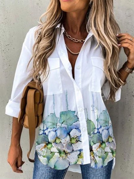 

Stampato Colletto a Camicia Vacanza Maniche Lunghe Top, Bianco, T-Shirts