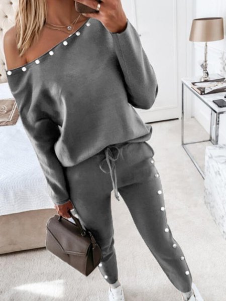 

One Shoulder Casual Suits, Gray, Two-piece Outfits