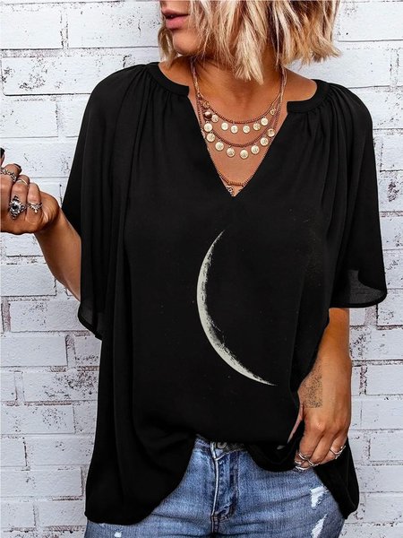 

Casual Printed V neck Half Sleeve Tops, Black, Blouses & Shirts