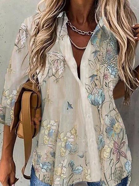 

Vintage Floral Printed 3/4 Sleeve Plus Size Casual Shirts Tops, Multicolor, Blouses & Shirts