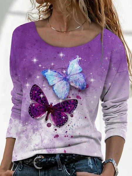 

Farfalla viola Stampato Dritto Casuale Maniche Lunghe Girocollo Top, Tops