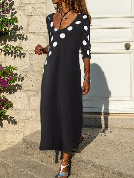 

V Neck Long Sleeve Polka Dots Casual Knitting Dress, Black, Dresses