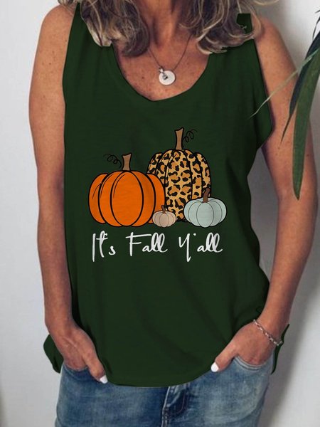 

It's Fall Y'all Pumpkin Graphic Sleeveless Tank Top, Dark green, Tank Tops
