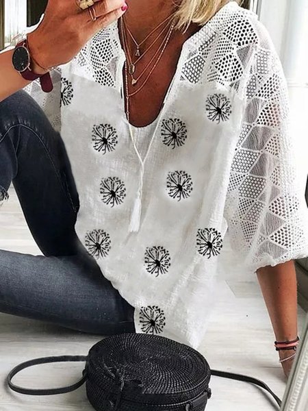 

White Dandelion Printed 3/4 Sleeve Shift U-Neck Holiday Casual Shirts & Tops, Blouses & Shirts