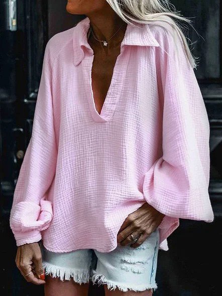 

Casual loose polyester cotton retro shirt & top, Pink, Long sleeve tops