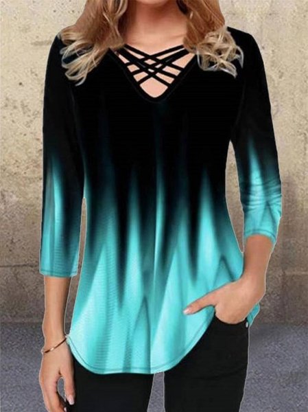 

Casual Print 3/4 Sleeve Women Shirts & Tops, As picture, Long sleeve tops