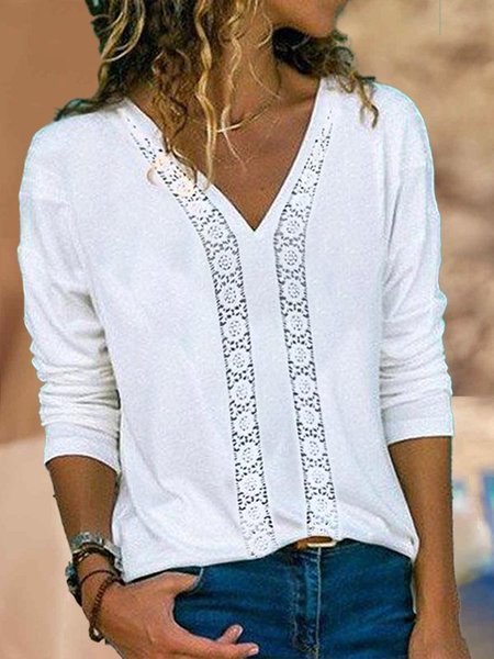 

Long Sleeve Cotton-Blend Casual V Neck Shirts & Tops, White, Shirts & Blouses